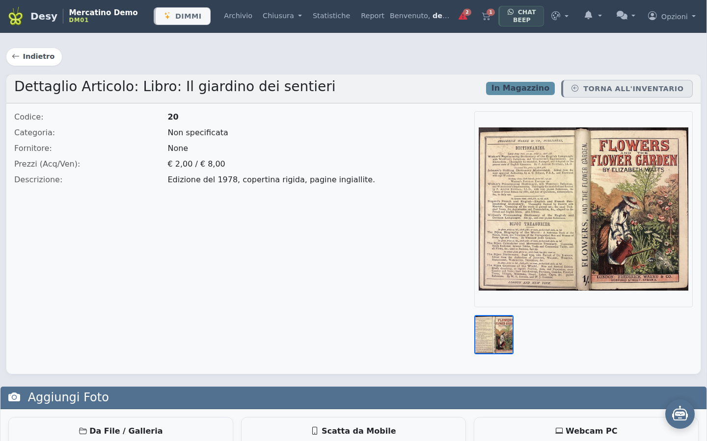 Scheda di un libro: titolo, copertina e dati dell'articolo.
