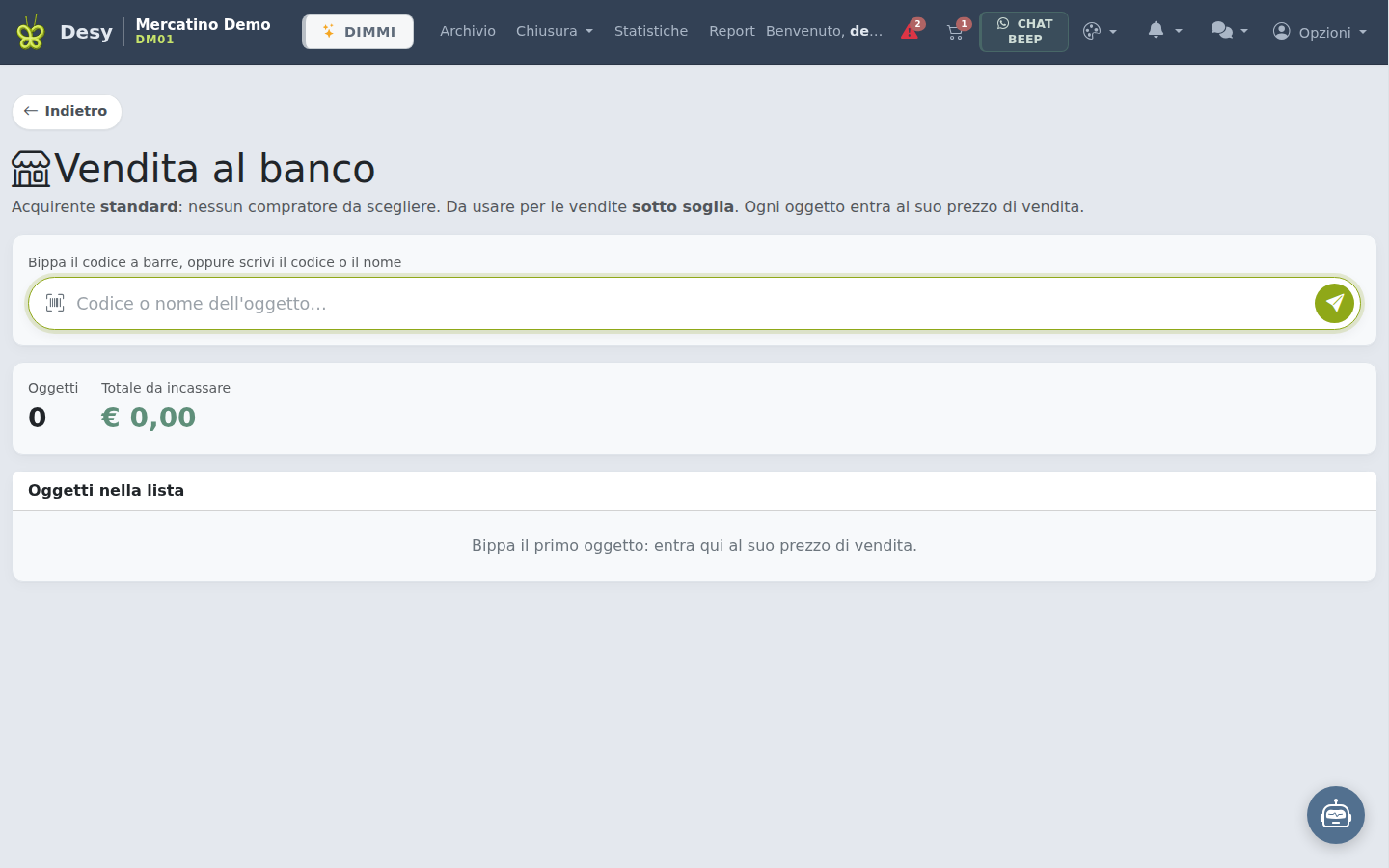 Vendita con il cliente scelto e l'articolo fermo davanti all'operatore con provenienza e giorni in negozio.