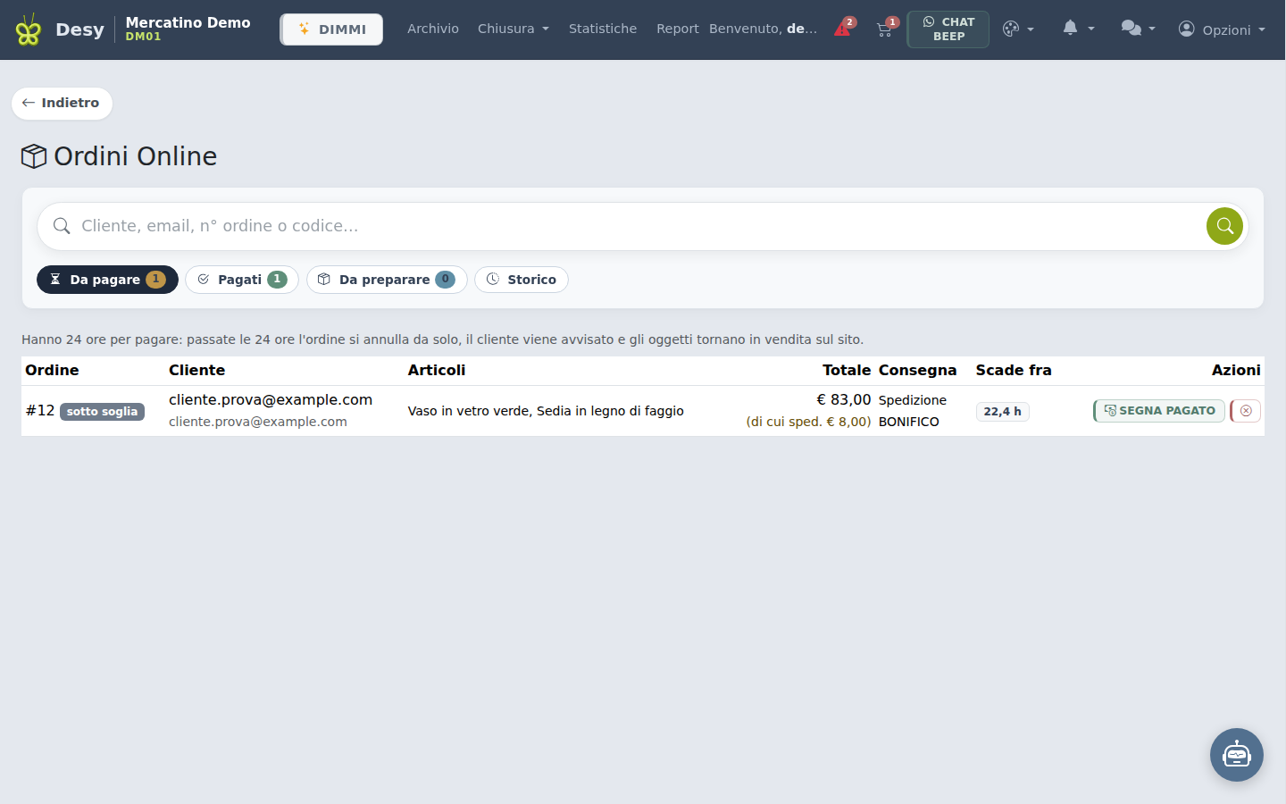 Ordini Online, linguetta Da pagare, con le ore residue.